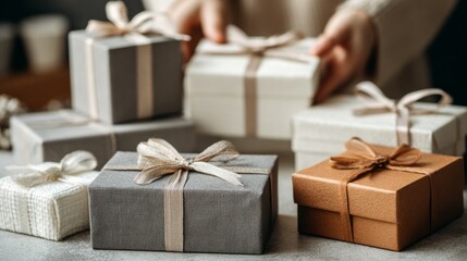 A collection of beautifully wrapped gift boxes in various colors and sizes. A pair of hands is reaching for one of the gifts. The setting is cozy and festive.