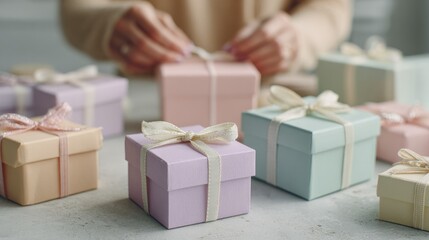 A person wraps pastel-colored gift boxes with ribbons on a table. The scene conveys a festive atmosphere, ideal for celebrations and holidays.