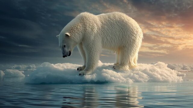 Majestic Polar Bear Standing on a Small Floating Ice Block in a Serene Arctic Landscape at Sunset