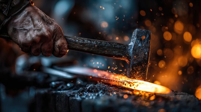 A blacksmith use a massive iron hammer.