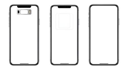 Three smartphone screens with white interface elements on black background