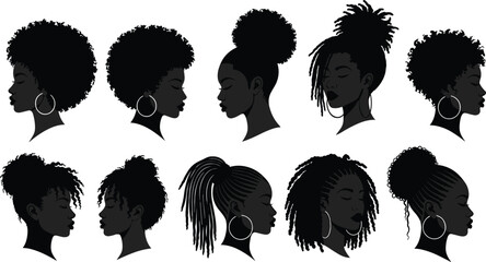 Black woman silhouette, afro hairstyle, natural curls, locs, braids, hoop earrings, textured hair, African beauty, profile portrait & diversity © Shahariay
