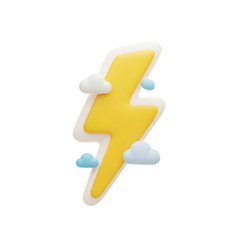 Bright yellow lightning bolt zaps through fluffy blue clouds in a 3D render design isolated on transparent background png