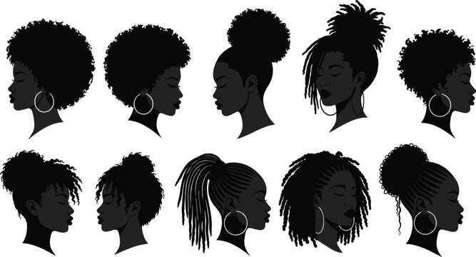Black woman silhouette, afro hairstyle, natural curls, locs, braids, hoop earrings, textured hair, African beauty, profile portrait and diversity black