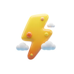 Energetic 3D lightning bolt with fluffy clouds, symbolizes power and modern design isolated on transparent background png