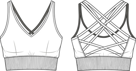Technical fashion illustration, sports bra design, activewear sketch, front and back view, crisscross straps, V-neck, ribbed underband, garment construction