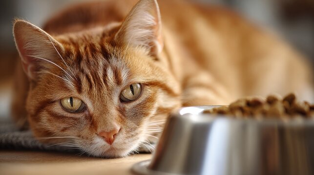An orange tabby cat rests on a soft surface, gazing at a metal food bowl filled with dry cat food. The cat has distinct stripes and bright green eyes.
