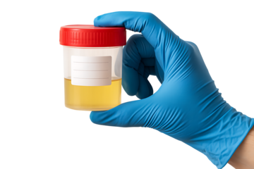 A lab technician holds a yellow liquid specimen for medical testing, checking for disease, kidney function, or drug use