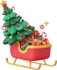 Santa Sleigh with Christmas tree and gift box, Christmas theme elements 3d illustration