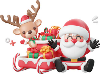 Santa Claus and reindeer with sleigh full of gift boxes , Christmas theme elements 3d illustration