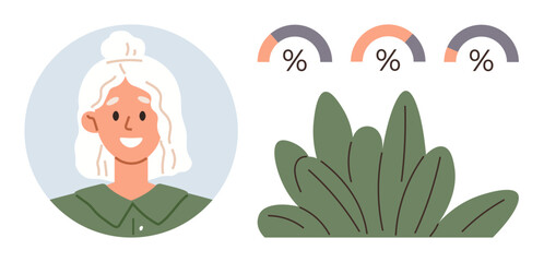 Female avatar portrait next to semicircular charts and green leaves, representing progress, growth, or health. Ideal for analytics, eco-friendly topics, user insights, wellness projects