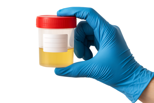 A lab technician holds a yellow liquid specimen for medical testing, checking for disease, kidney function, or drug use