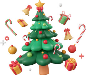 Christmas tree with gift and decorations, Christmas theme elements 3d illustration