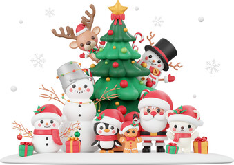 Santa Claus and cute Christmas character on snowground, Christmas theme elements 3d illustration
