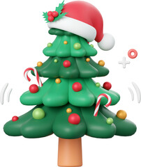 Christmas tree wearing Santa hat, Christmas theme elements 3d illustration