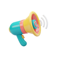 Vibrant 3D megaphone broadcasts message for attention and announcements now! isolated on transparent background png