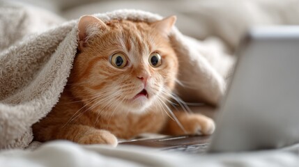 A surprised orange tabby cat peeks out from under a blanket while looking at a laptop. The cat has wide eyes and a shocked expression.