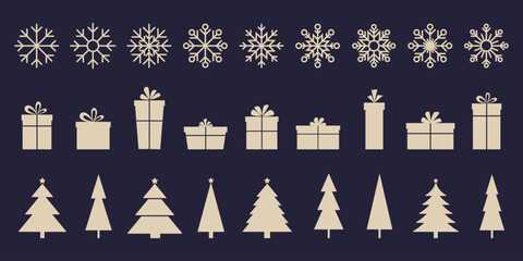A collection of silhouettes of Christmas trees, gifts, snowflakes. Festive winter icon set, isolated, vector illustration. Graphic golden element for design, decoration, postcards, greetings