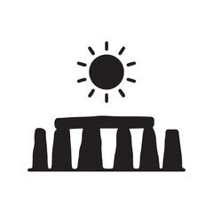 Ancient stone silhouettes aligned beneath a bold sun disk icon vector on white background