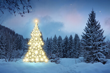 Christmas background with golden fir tree in a winter forest.