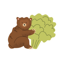 Bear with broccoli. Healthy food concept. Design for children education, poster, banner, print. Cute animal