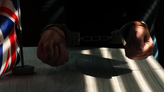 Criminal in handcuffs in British police room