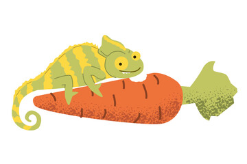 Сhameleon with carrots. Illustration for children. For school design, teaching, print, postcards