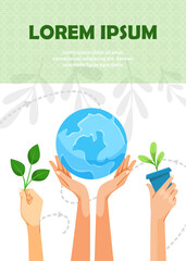Hands holding a globe and green plants, flat graphic style, on a white and green leafy background. Concept of environmental care. Vector illustration