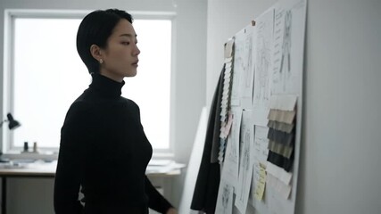 Asian fashion designer reviews sketches and fabric swatches on a mood board in her studio