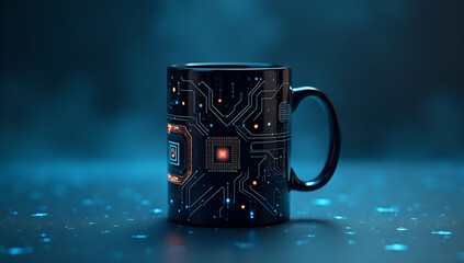 A coffee mug with a circuit board design in black, placed on a blue toned backdrop.