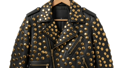 Black leather biker jacket with gold studs graphic