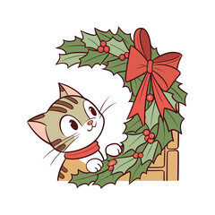 Cute cartoon cat peeking around a festive christmas holly wreath