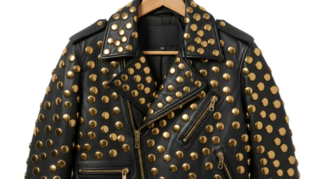 Black leather biker jacket with gold studs graphic