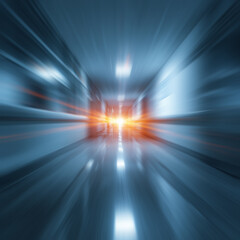 Abstract view of a hospital hallway with blue tones and a bright orange light at the end, symbolizing urgency, hope, or near-death experience