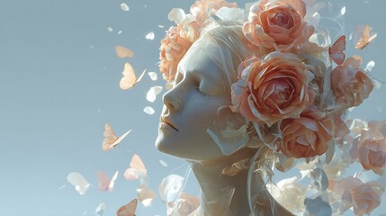 Ethereal portrait of a woman adorned with blooming roses and delicate butterflies