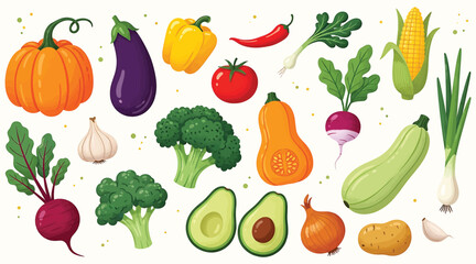 A vibrant and colorful assortment of fresh vegetables, including pumpkin, eggplant, pepper, tomato, broccoli, avocado, corn, onion, garlic, and zucchini isolated on white background