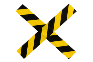 Caution Tape Cross Mark — Yellow and Black Warning Stripes Isolated on Transparent Background