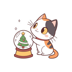 Cute calico cat playing with a christmas snow globe