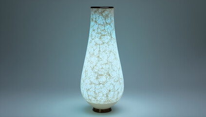 A modern, elegant vase with a glossy ivory white finish, with an intricate crackle glaze pattern that is softly illuminated.