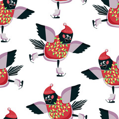 A seamless pattern with a funny cartoon bullfinch on skates with a garland of colorful light bulbs – a vector Christmas background for packaging, paper, and textiles.