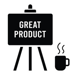 Product Presentation Icon Vector — Whiteboard Display with “GREAT PRODUCT” Text and Coffee Mug