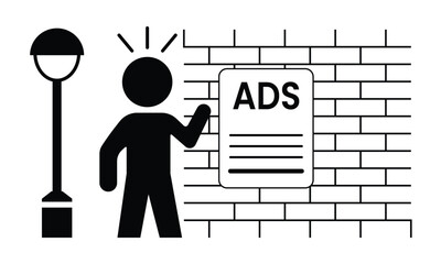 Street Marketing Vector — Black-and-White Illustration of Person Interacting with Ad Flyer