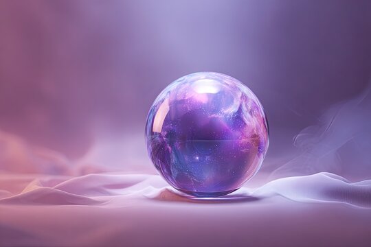 Illuminated cosmic sphere rests upon a softly draped, ethereal surface