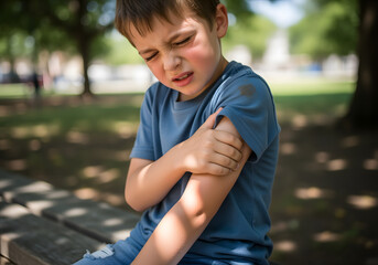 Fototapeta premium Child holding his arm with painful expression, suffering from injury or sore muscles