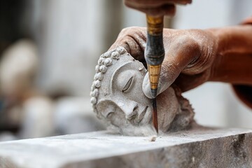 Sculptor chiseling Buddha face from stone