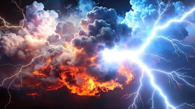 Elemental storm clash with vivid lightning against fiery red and dark cloud formations, symbolizing nature's raw power and dynamic atmospheric forces