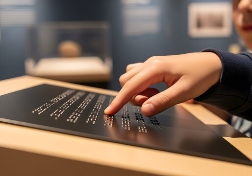 Close-up of a child's hand exploring braille writing on a display, fostering accessibility and inclusive learning in a museum environment