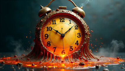 An old alarm clock creates a beautiful scene of molten lava flowing through it.