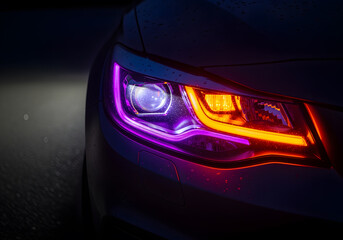 Close up of a modern car headlight illuminating the night with vibrant purple and orange LED lights