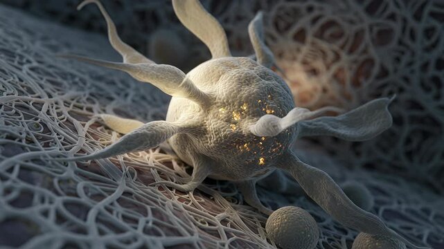 Macrophage patrols a dense tissue matrix as it extends and retracts pseudopods in its search for pathogens